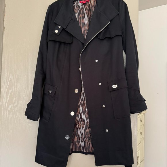 Excellent Trendy Trench Coat Belt Cotton Small 4 Above Knee Animal Print Lining - Picture 10 of 10